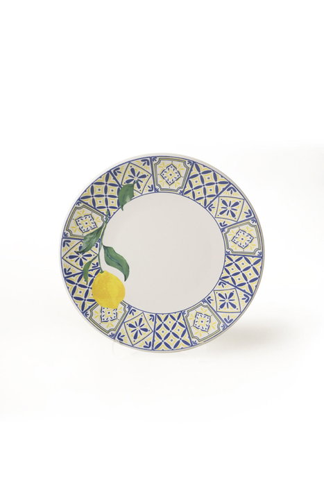 Hermia Set de Servir Pasteles de 4 piezas en Cerámica, 20 cm, Blanco, Azul Marino y Amarillo